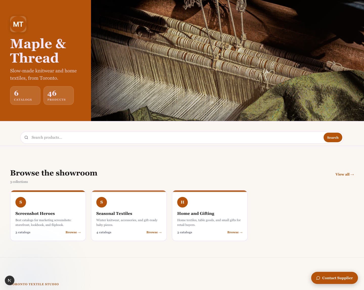 Maple and Thread storefront with banner, search, and collections