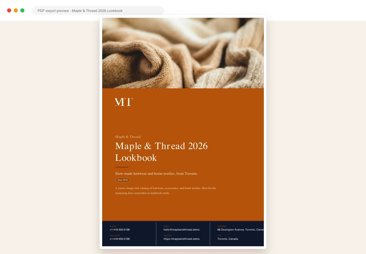 PDF export preview for a branded product catalog
